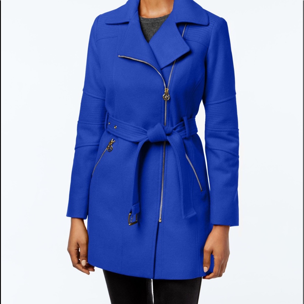 Michael Michael Kors Asymmetrical Zip Belted Wool Blend Coat - Cobalt, Size S